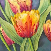 Tulips and Dewdrops, watercolour and mixed media on paper, 17.8 by 17.8cm SOLD