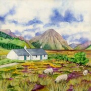 Black Rock Cottage, Glencoe, watercolour on paper, 23 by 23cm SOLD