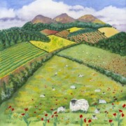 The Eildon Hills in Spring, watercolour and mixed media on paper, 34.5 by35cm, SOLD